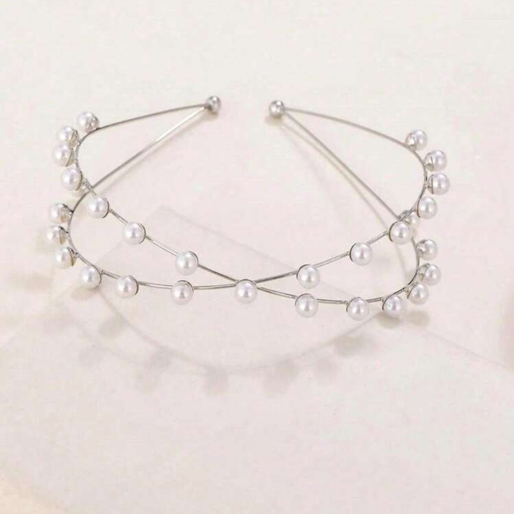 1pc Ladies Pearl Cross Simple Elegant Multi-Layer Alloy Headband Bride Wedding - Picture 2 of 3